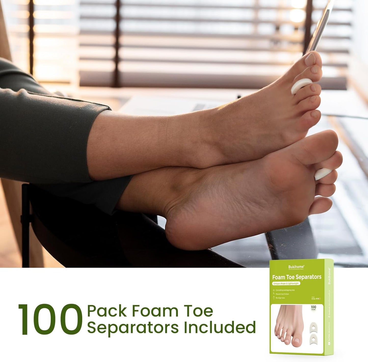 Bukihome 100 Pack Foam Toe Separators - Correct Overlapping Toes and Reduce Friction - Breathable and Comfortable, Foam Toe Spacers for Women