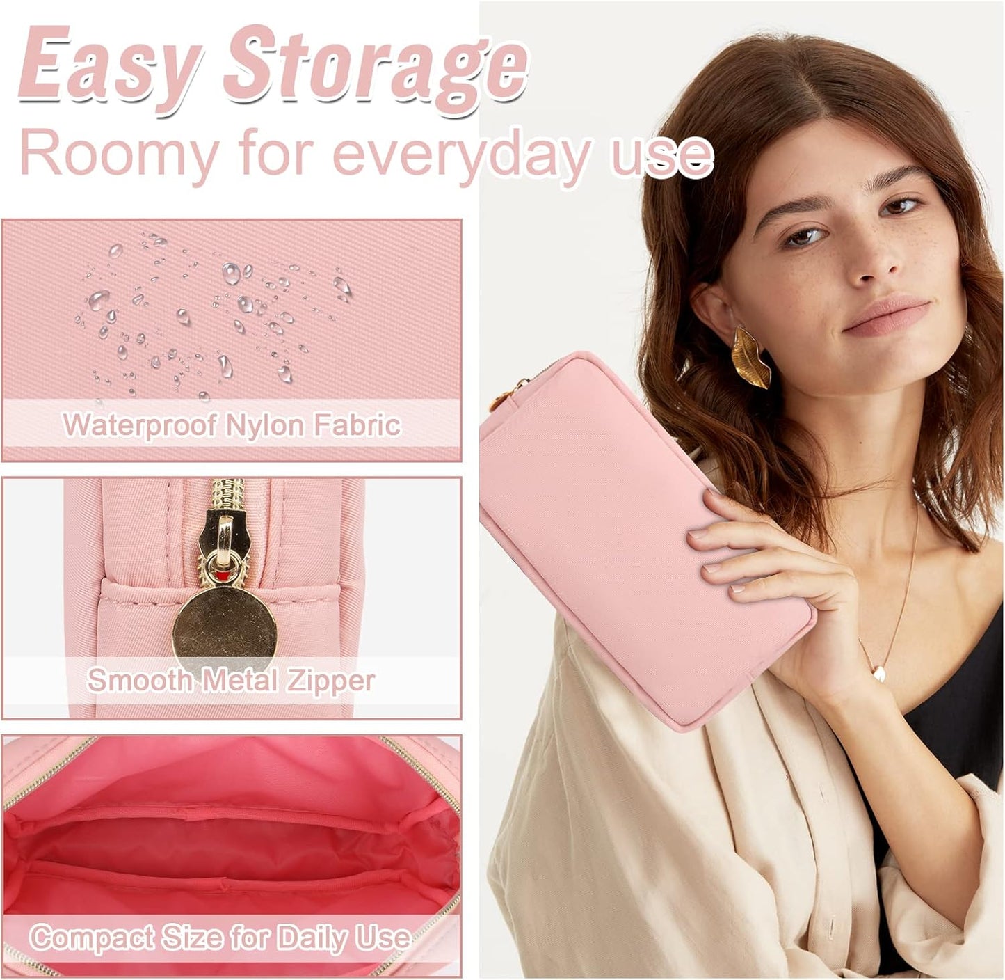 Nylon Small Makeup Bag for Purse, Cute Preppy Pink Makeup Bag Cosmetic Zipper Pouch Purse, Waterproof Portable Travel Toiletry Bag Clutch Makeup Brush Bag Organizer Storage for Women Men Girls(Pink)