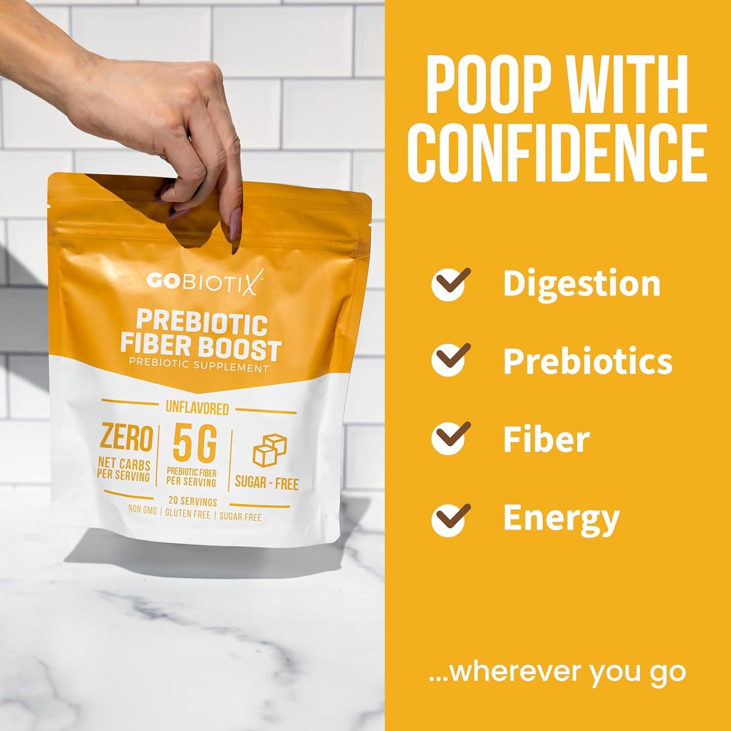 GoBiotix Fiber Supplement Powder with Prebiotics for Digestive Health and GLP-1 Support, Soluble Fiber for Gut Health & Debloat, Keto, Vegan, Gluten & Sugar Free, 20 Servings (Travel)