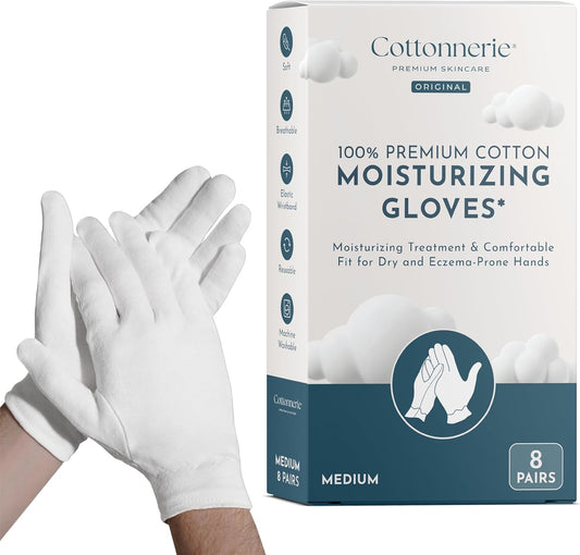 Cottonnerie Original Cotton Gloves for Dry Hands Sleeping, Moisturizing Gloves Overnight, Hand Moisturizer Gloves, Moisture Gloves for Dry Hands Overnight, Sleeping Gloves, Medium 8 Pairs