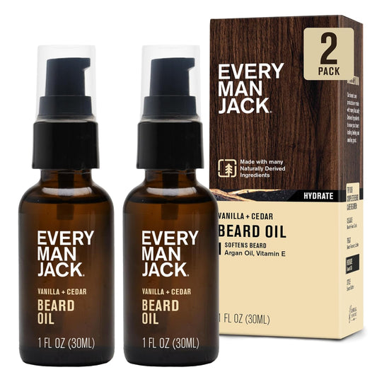 Every Man Jack Mens Beard Oil - Vanilla & Cedar Fragrance - Deeply Moisturizes and Softens Your Beard and Adds a Natural Shine - Naturally Derived with Shea Butter- 1 fl oz (2 Pack)