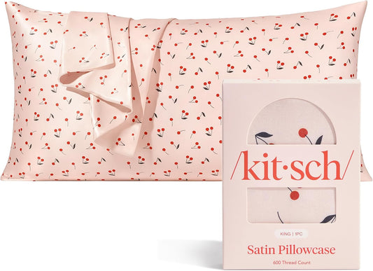 Kitsch Satin Pillowcase, Softer Than Silk Pillow Cases King, Cooling Pillow Covers, Satin Pillowcase with Zipper for Hair, Skin & Quality Sleep, Wrinkle-Free & Smooth, King Size 19"x36", Cherry Print