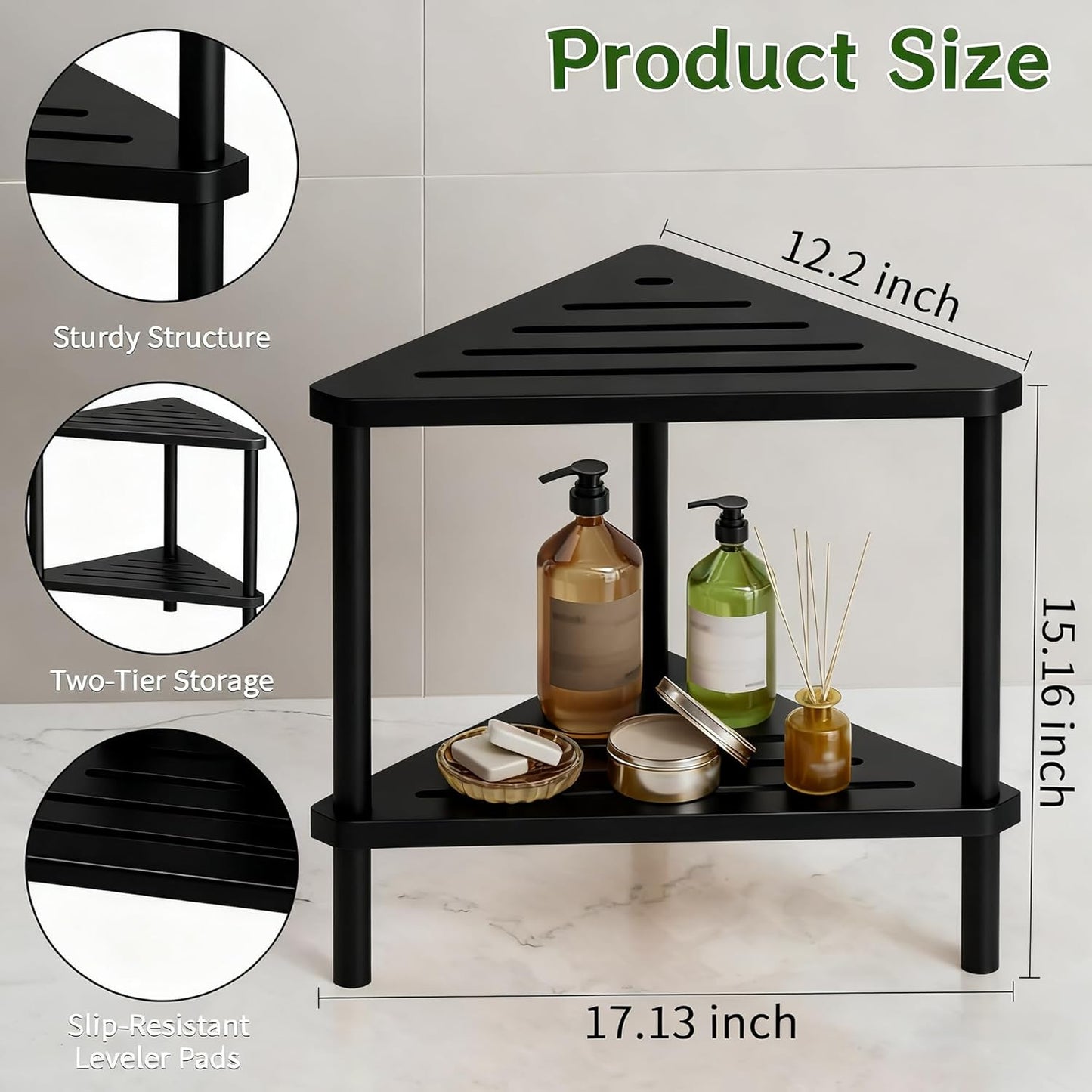 Bamboo Corner Shower Stool - Waterproof Shower Stool for Inside Shower, Shaving Legs & Small Spaces, 2-Tier Shower Foot Rest with Storage Shelf, Bath Seat & Corner Bench for Woman, Mom, Spa - Black