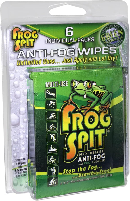 Frog Spit Pre-Moistened Anti-Fog Wipes | 6-Pack | Individually Packaged Travel Anti Fog Wipes for Glasses, Goggles, Face Masks, Helmets, Face Shields