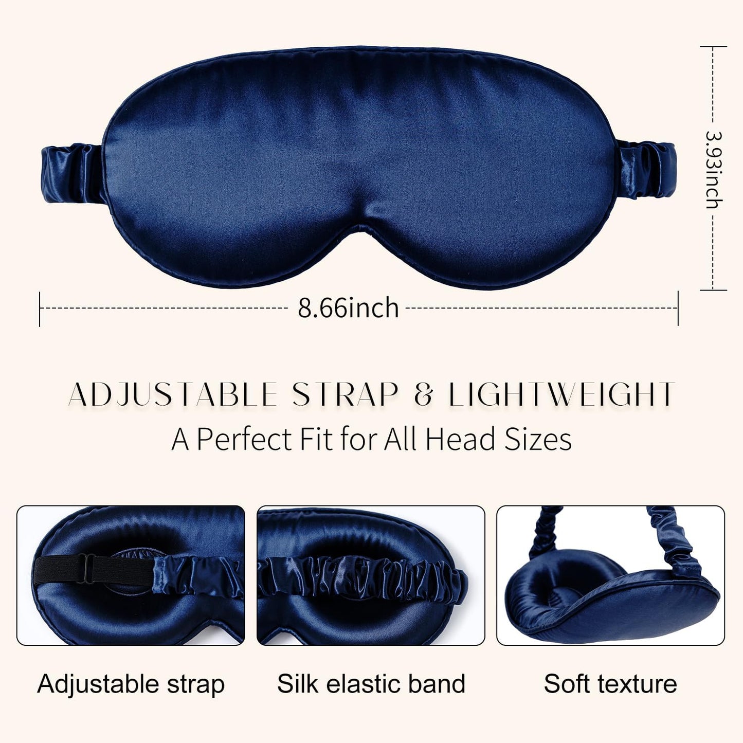 100% 22 Momme Mulberry Silk Sleep Mask, Eye Cover for Sleeping, Blackout 3D Sleep Masks for Lash Extensions with Adjustable Strap for Men and Women (Navy Blue)