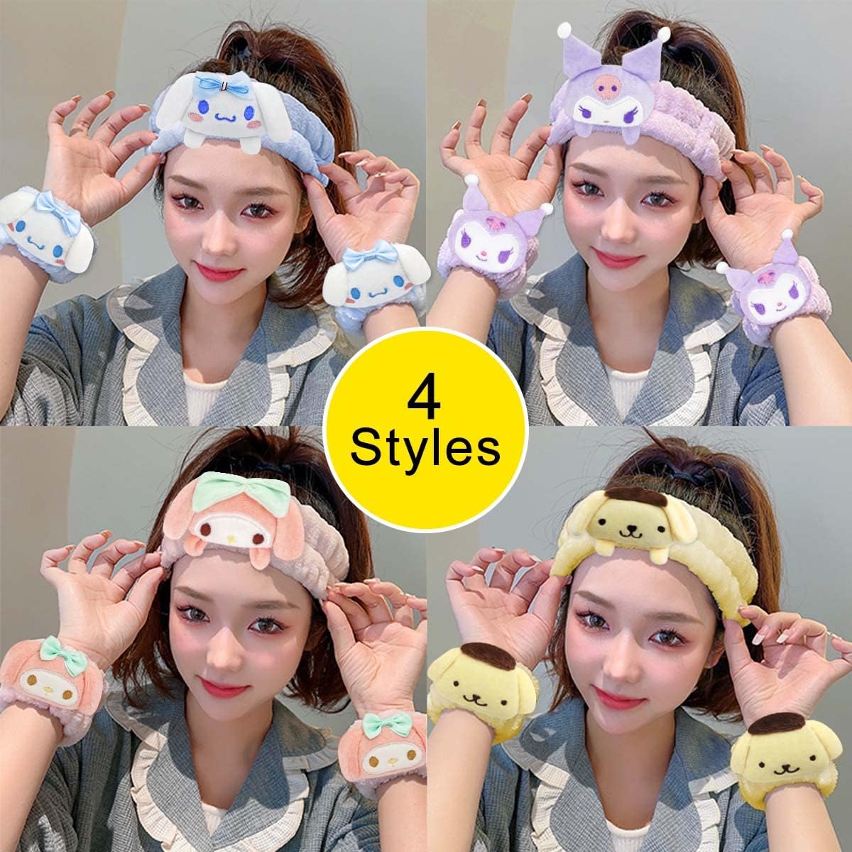 Kawaii Spa Headband and Wristband Set for Face Washing, Cute Soft Skincare Headbands for Women Girls, Fluffy Makeup Headband for Washing Face, Bath, Shower, Beauty