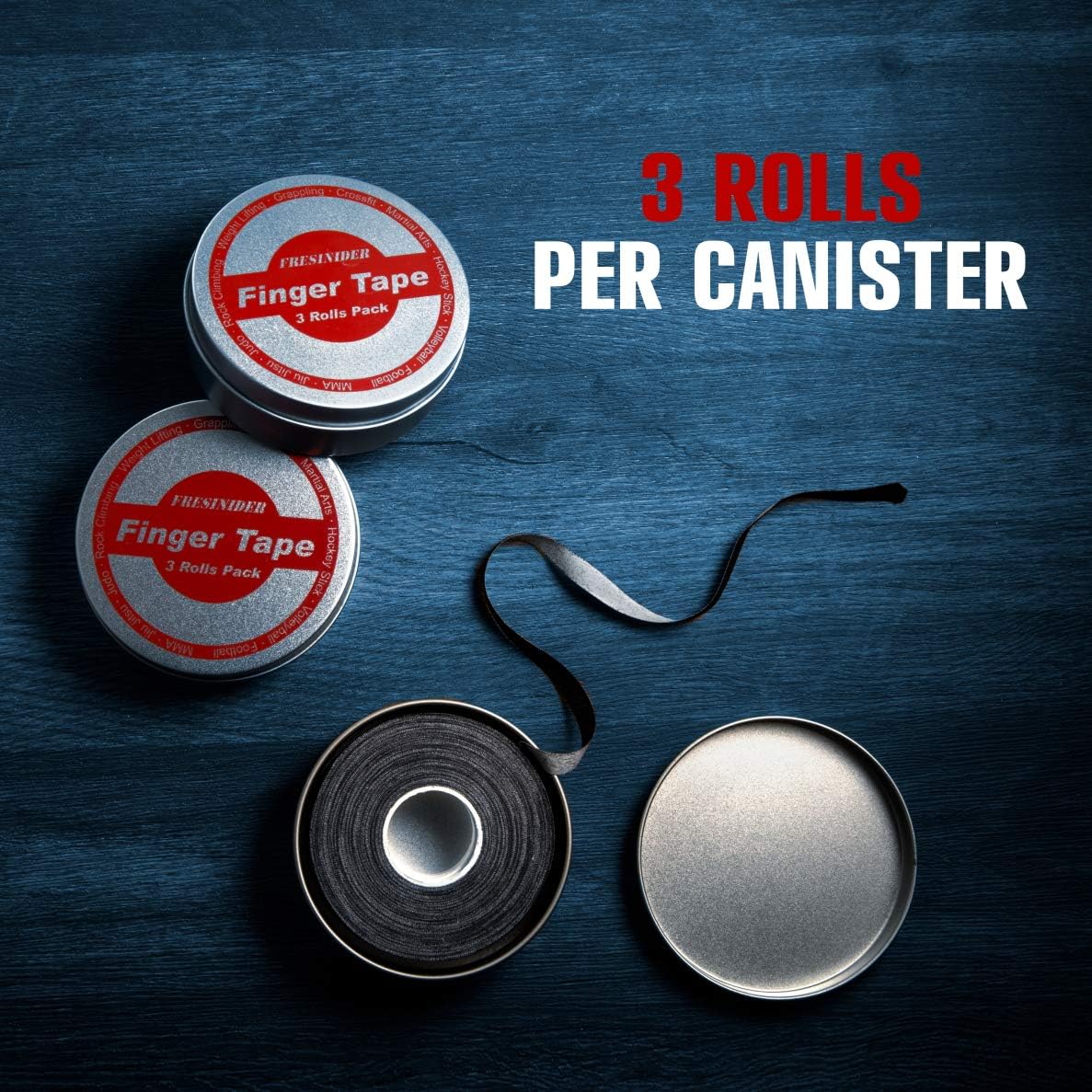 Finger Tape - Strong Athletic Tape | 0.3” x 45 Feet (9 Pack) Tin Set | No Sticky Residue | for Rock Climbing, BJJ Jiu Jitsu, Grappling, Judo, MMA, Rock Climbing and Martial Arts (Black)