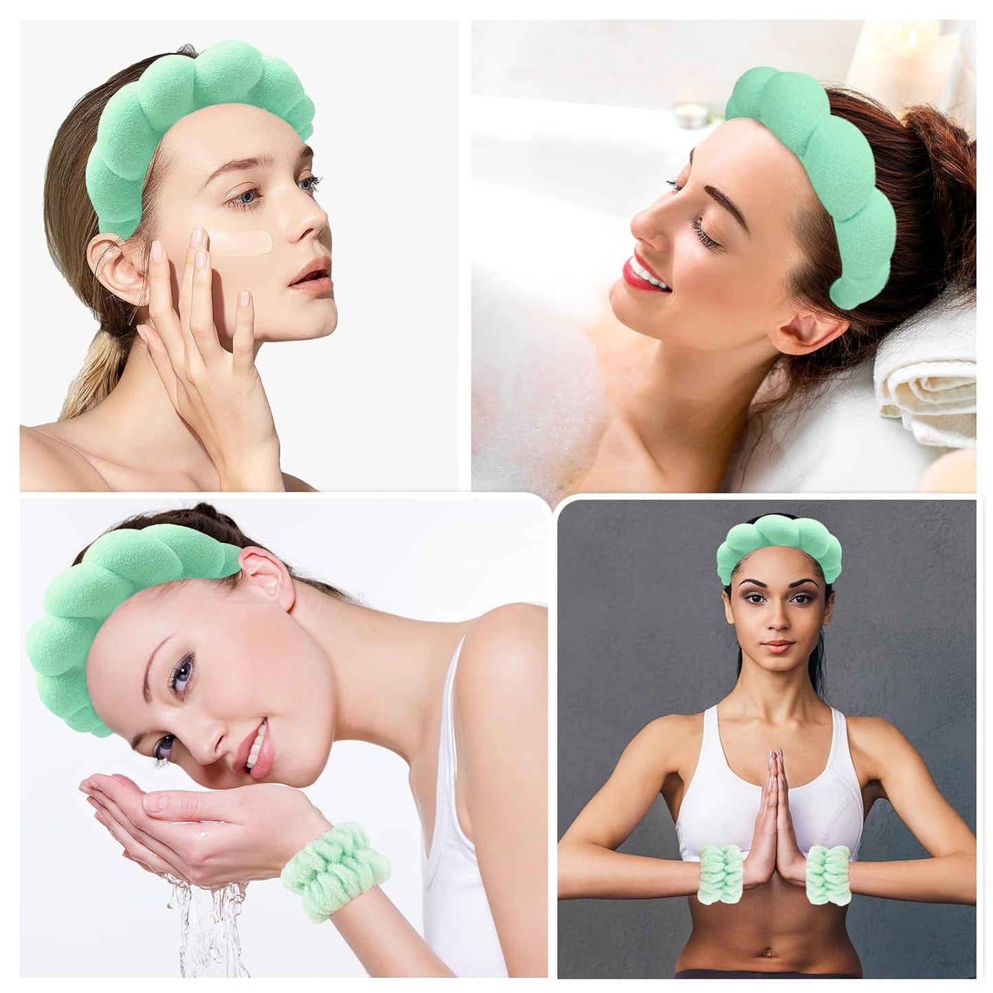 Zkptops Spa Headband for Washing Face Wristband Set Sponge Makeup Skincare Headband Wrist Towels Bubble Soft Hairband for Women Puffy Headwear Winter Non Slip Thick Thin Hair Accessory(Light Green-3)