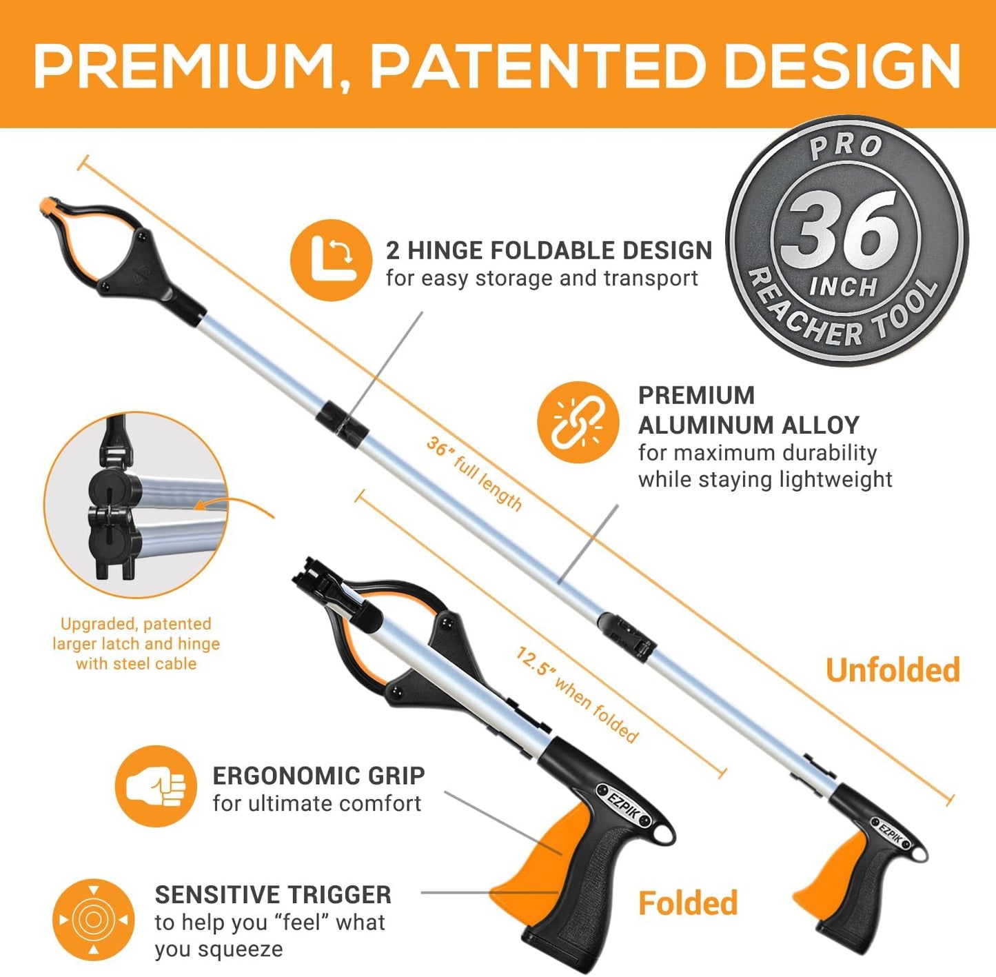 EZPIK Pro 36" Flexible Folding Grabber Tool for Elderly + Magnets, Reacher for Disabled & Seniors Heavy Duty Rotating Grippers for Reaching Underneath, Trash Grabbers & Pickers for Mobility