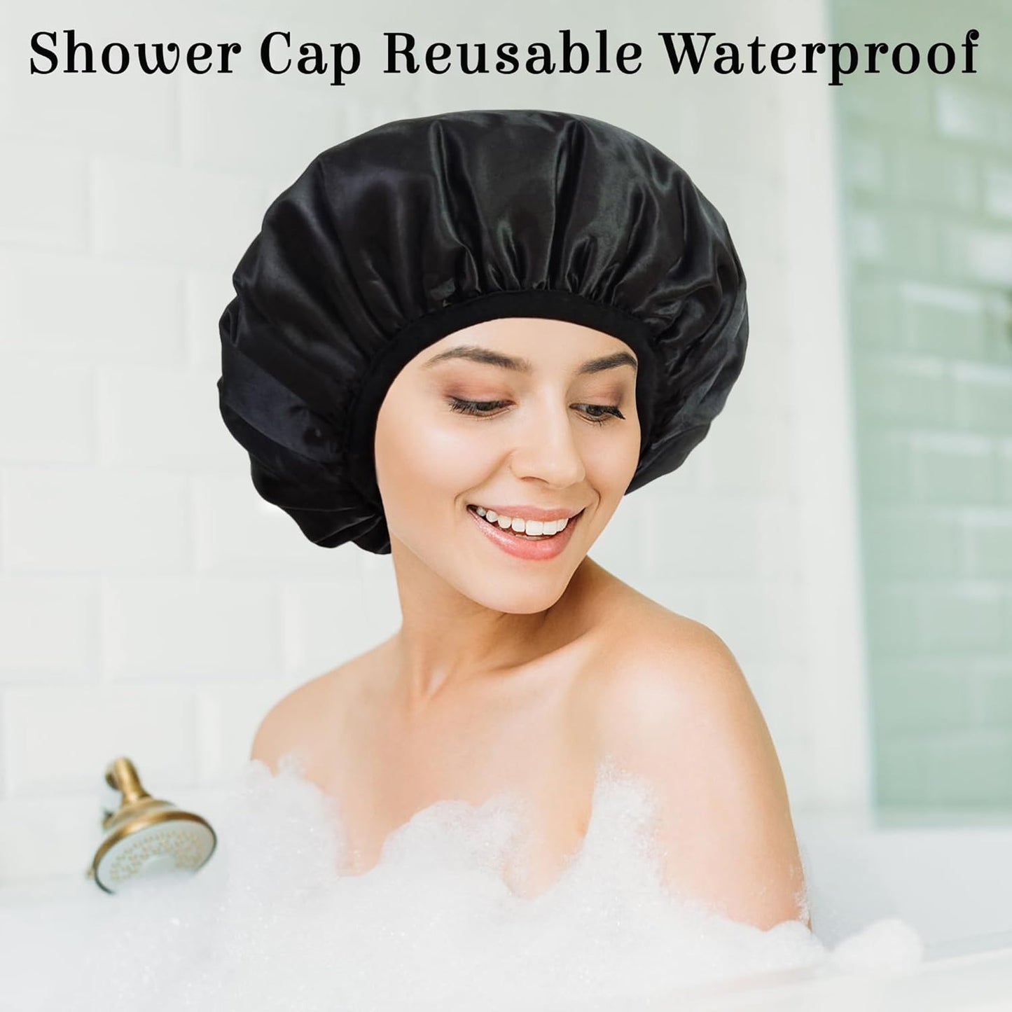 Shower Cap Reusable Waterproof, Terry Lined Shower Caps for Women, Triple Layer Hair Cap for Shower, Large Plastic Shower Cap for Braids Long Hair