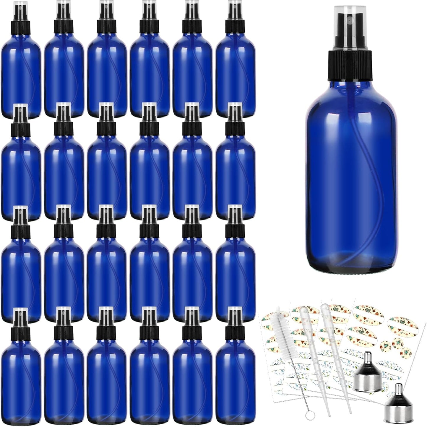 CycleMore 25 Pack 4oz Blue Glass Spray Bottles with Fine Mist Sprayers, Glass Travel Bottles for Cosmetic Essential Oils Cleaning Solutions Perfumes & More Liquids (1 Brush, 2 Funnels and 36 Labels)