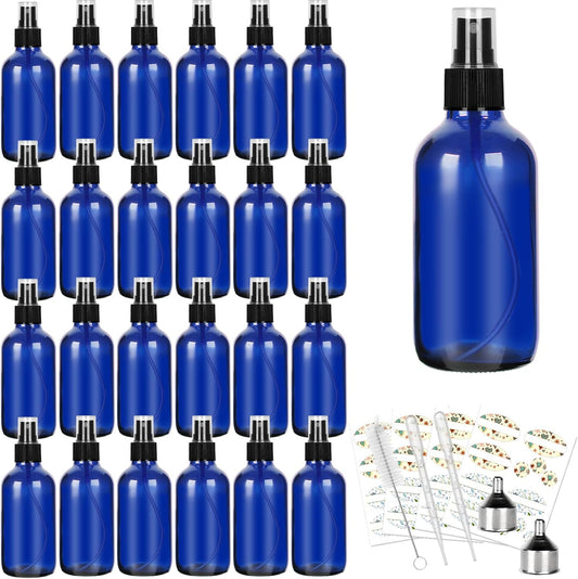 CycleMore 25 Pack 4oz Blue Glass Spray Bottles with Fine Mist Sprayers, Glass Travel Bottles for Cosmetic Essential Oils Cleaning Solutions Perfumes & More Liquids (1 Brush, 2 Funnels and 36 Labels)