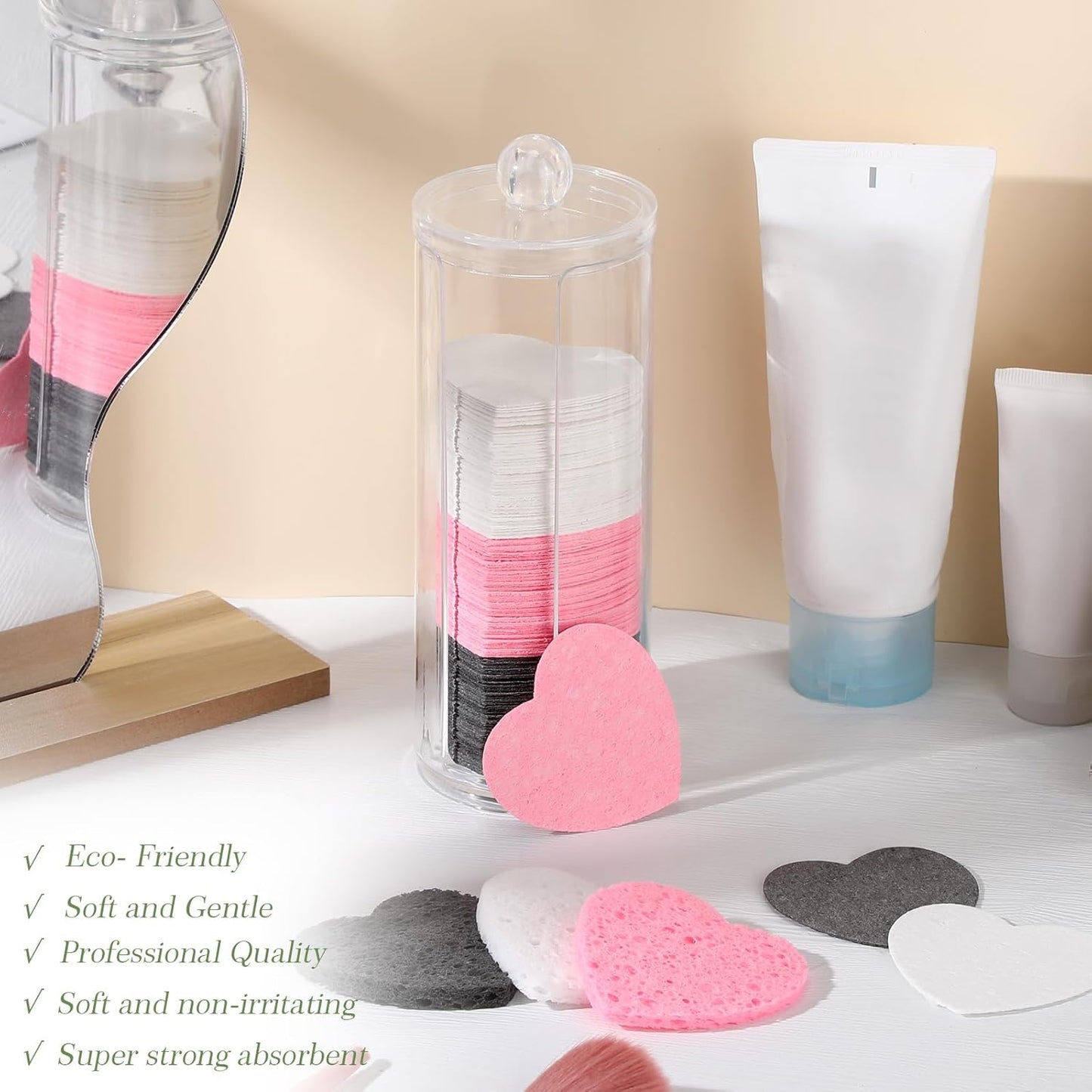 Sieral 120 Pcs Compressed Facial Sponges with Container Disposable Face Sponge Pads for Washing Face Cleansing Exfoliating Esthetician Makeup Removal(Heart,Pink, White, Black)