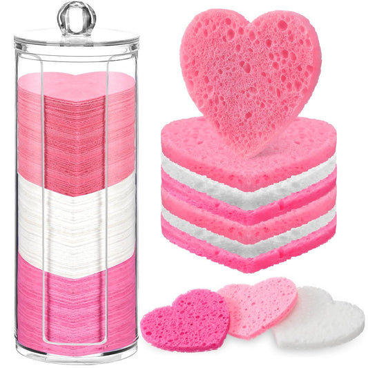 Sieral 120 Pcs Compressed Facial Sponges with Container Disposable Face Sponge Pads for Washing Face Cleansing Exfoliating Esthetician Makeup Removal(Heart,Pink, Rose Red, White)