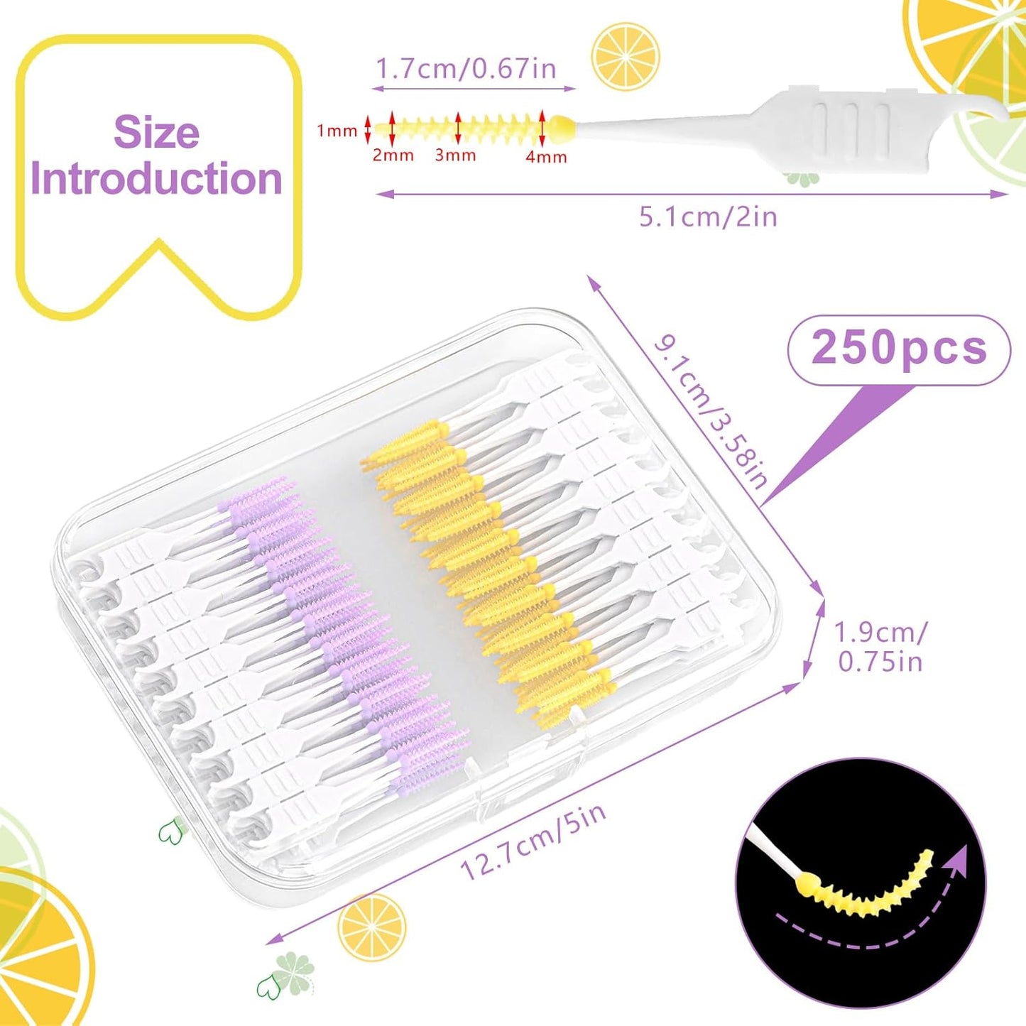 250 Pieces Interdental Brushes, Silicone Dental Floss Picks with Case Dental Brushes Dental Picks Tooth Floss Picks for Teeth Cleaning(Yellow, Purple)