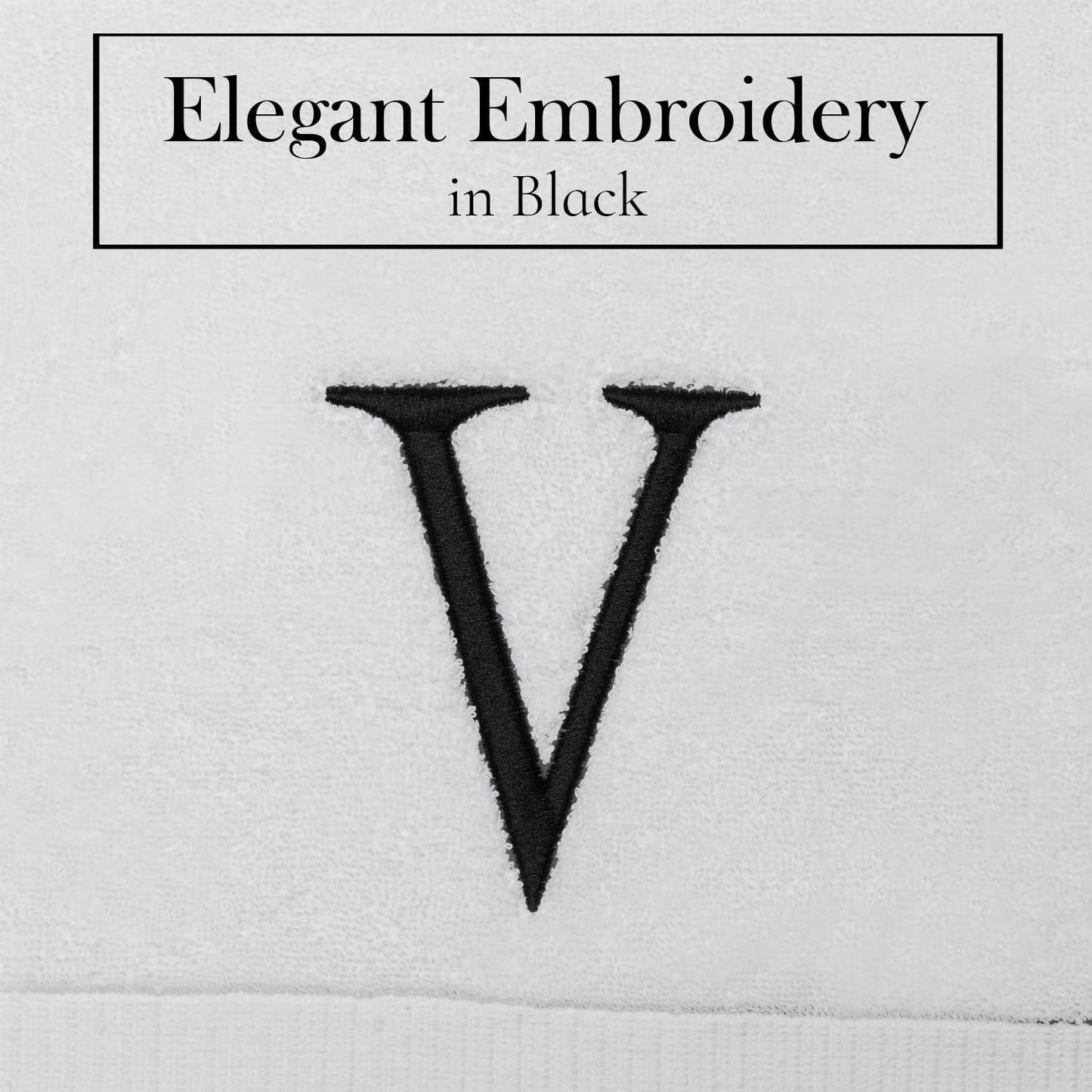 Black Initial Hand Towel for Bathroom - Monogrammed Luxury Hotel Quality Decorative Embroidered Towel for Powder Room, Spa - GOTS Organic Certified - Set of 2 Letter V