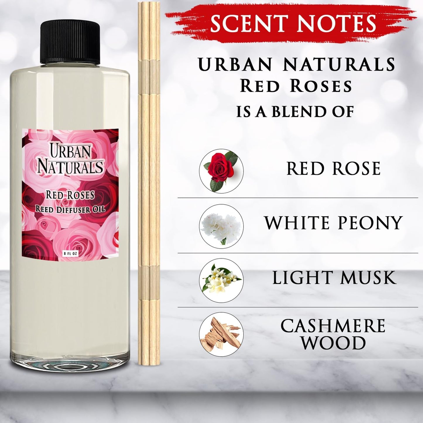 Urban Naturals Reed Diffuser Oil Refill Red Roses with White Peony, Cashmere Wood 8 oz + Free Reed Sticks, Made in The USA