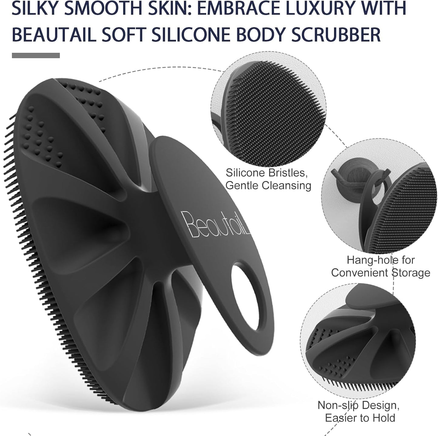 Silicone Body Scrubber Shower Bath Wash Brush Gentle Exfoliating Scrub Cleansing Loofah for Women Men Baby Sensitive Skin, Easy to Clean, Lather Nicely, More Hygienic, 1 Pack, Black