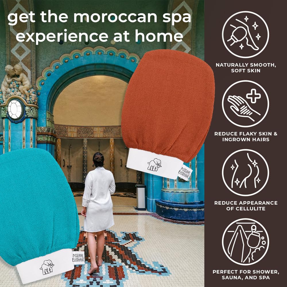 Natural Elephant Exfoliating Hammam Glove - Face and Body Exfoliator Mitt 5 and 10 Packs (2 Lilac, 2 Pink, 1 Teal (Pack of 5))