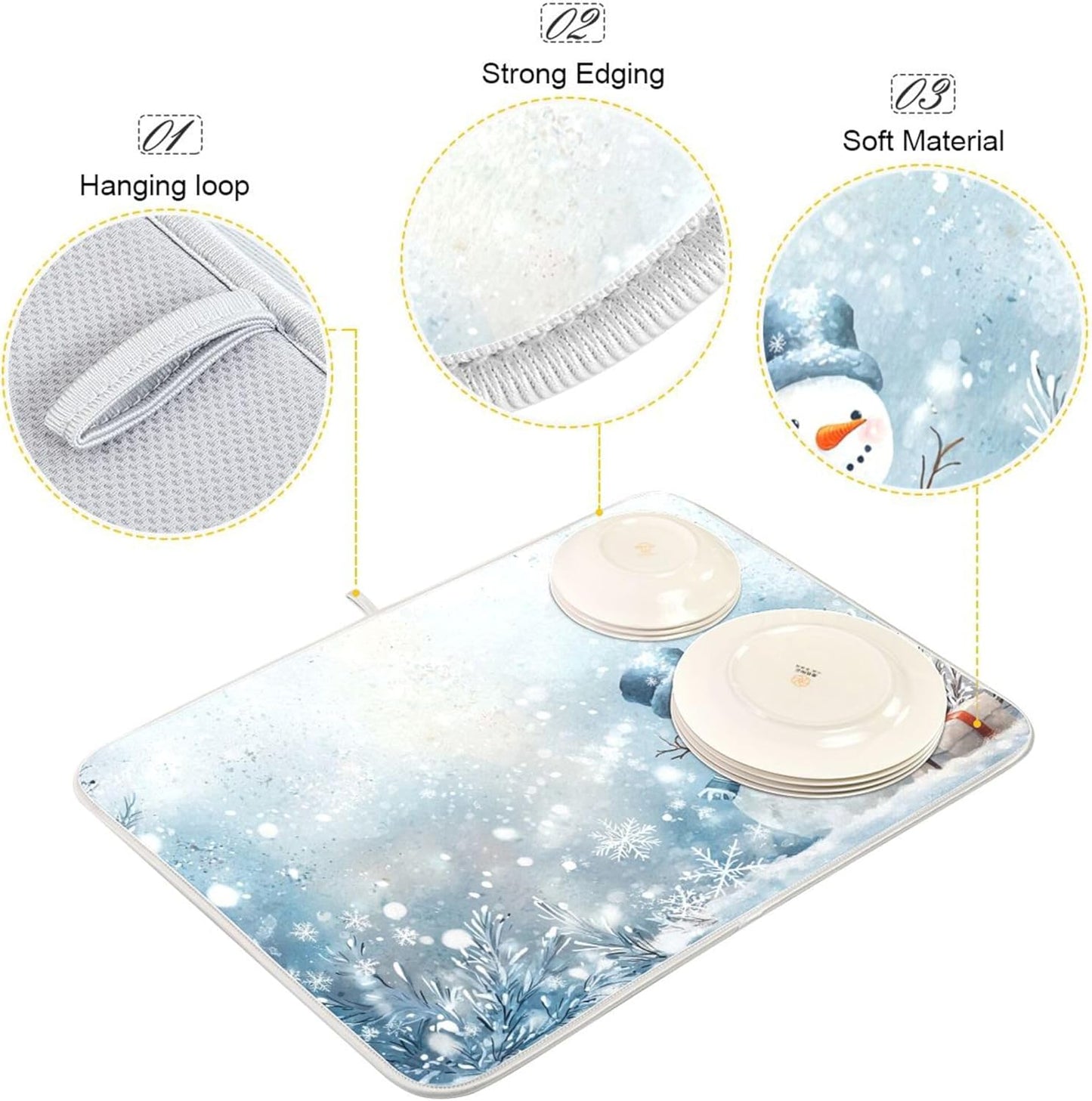 Winter Snowman Silver Dish Drying Mat for Kitchen Countertop 18x24 Christmas Snowflake White Xmas Large Drying Mat Reusable Quick Dry Dish Sink Mats Easy Clean Decorative Essentials