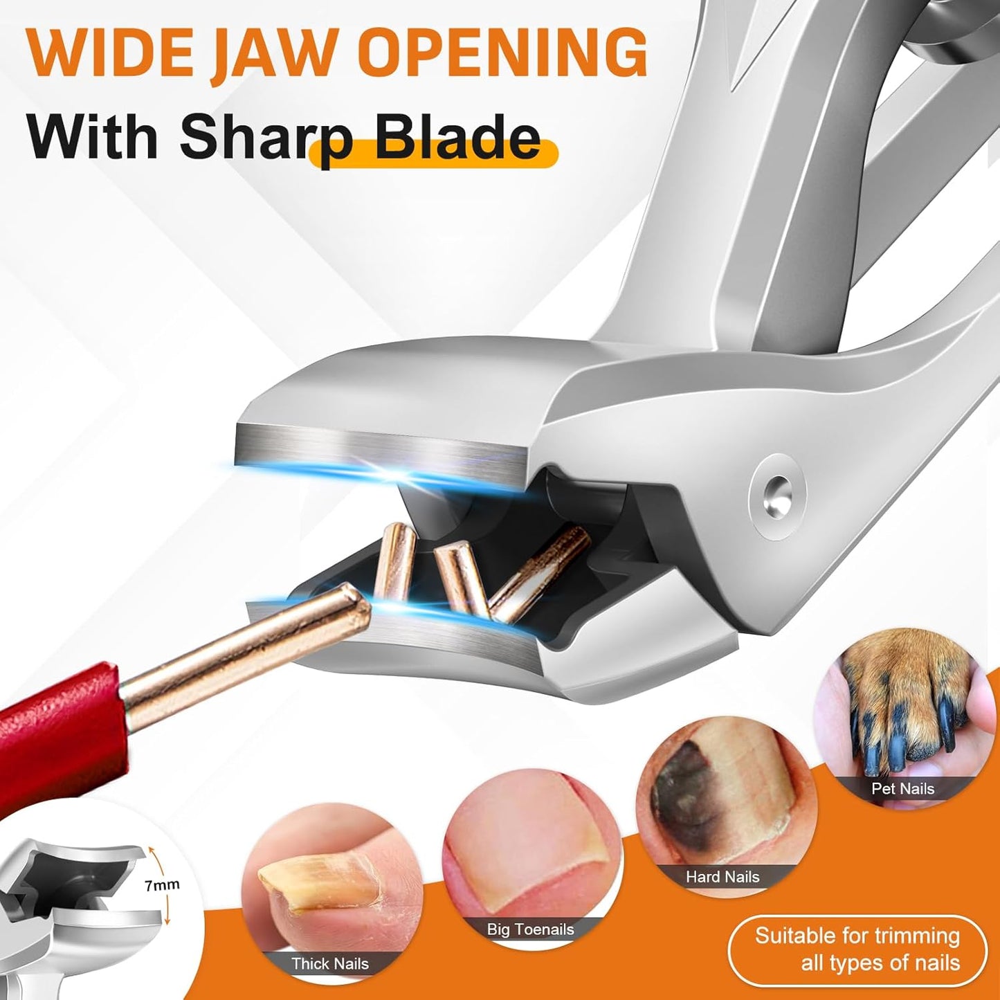 DRMODE Nail Clippers for Men Thick Nails, Angled Head Toe Nail Clippers for Thick Nails for Seniors, Wide Jaw Opening Toenail Clippers Heavy Duty Fingernail Clipper with Catcher Long Handle - Silver