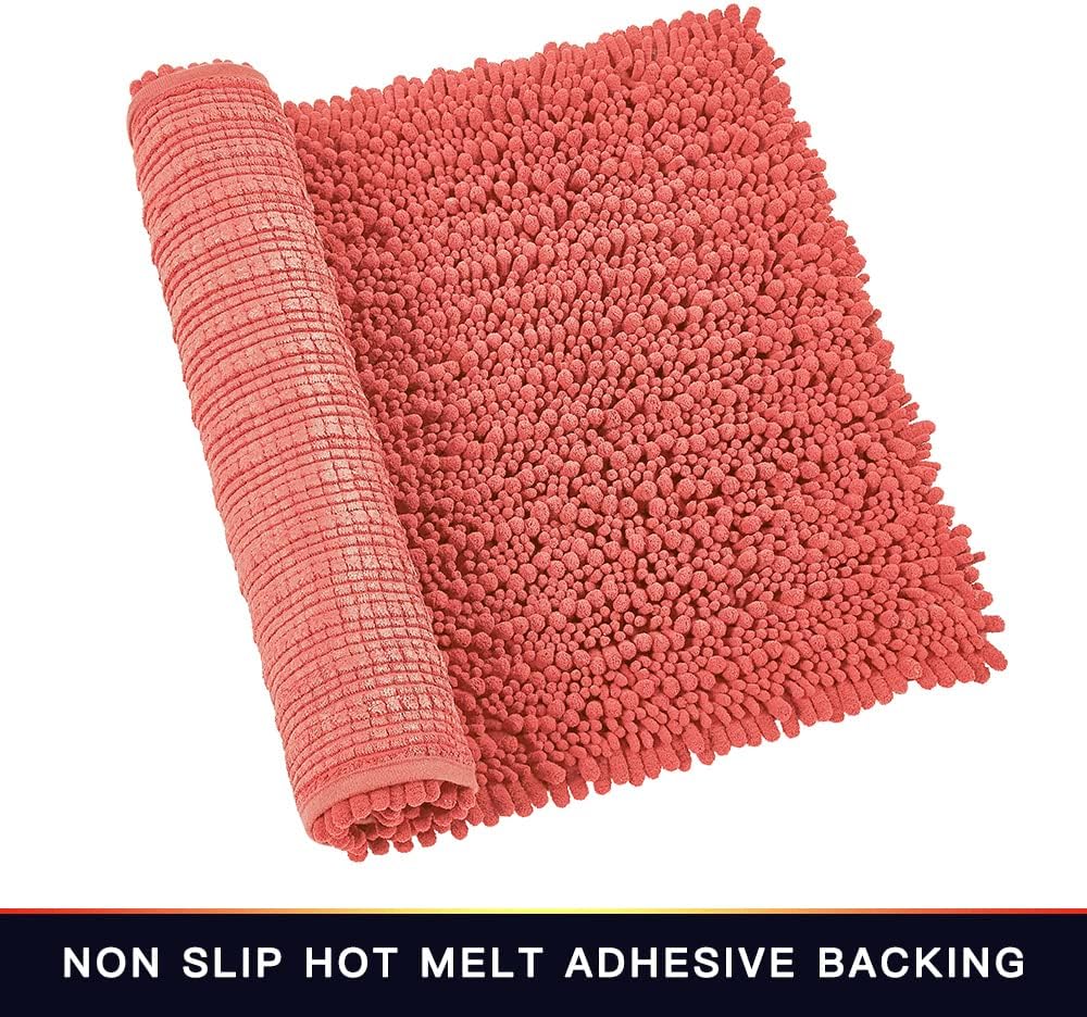 Walensee Bathroom Rug 2 Pieces Set Non Slip Bath Mat (17x24 Plus 20x32 Inch Living Coral) Water Absorbent Super Soft Shaggy Chenille Machine Washable Dry Extra Thick Perfect Carpet for Shower Floor