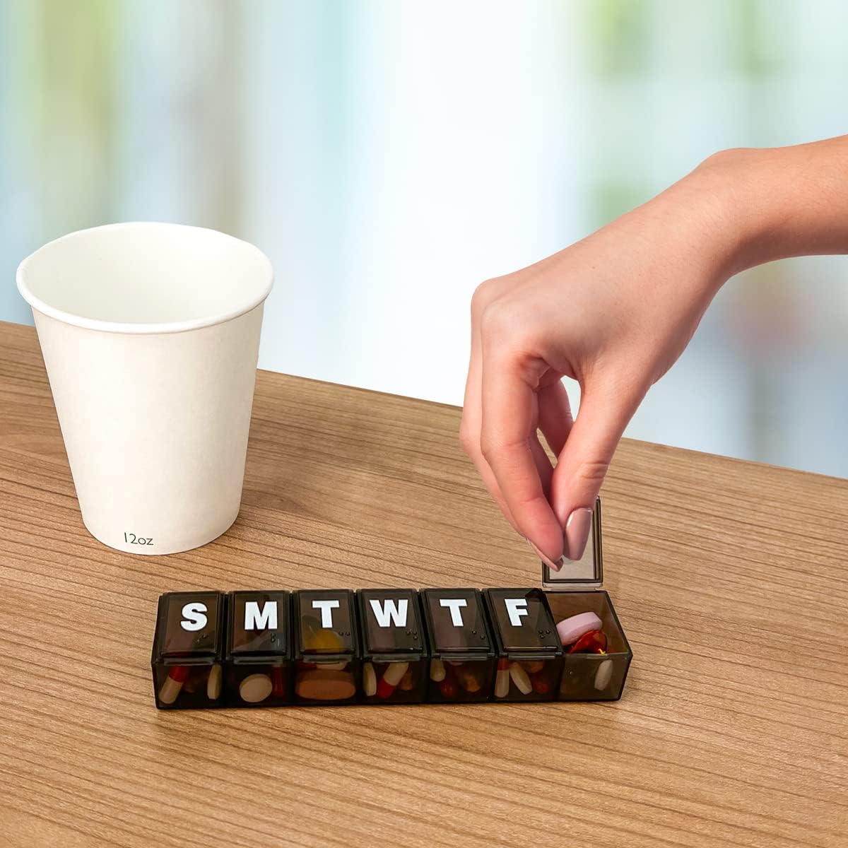 Amazon Basic Care Weekly (7-Day) Pill Organizer, Vitamin Planner, and Medicine Box, Medium Compartments, Black (Pack of 2)