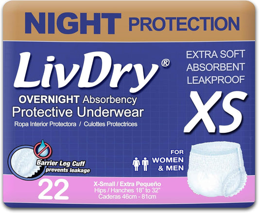 LivDry Adult XS Incontinence Underwear, Overnight Comfort Absorbency, Leak Protection, X-Small, 22-Pack