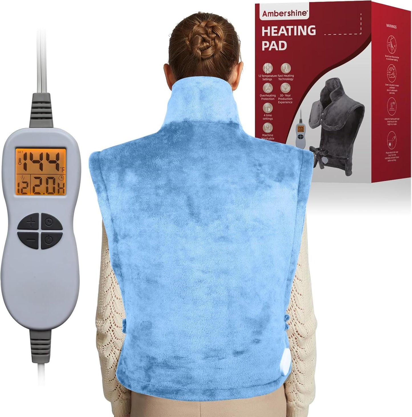 Ambershine 26"x35" XXXL King Size Neck& Shoulder& Back Heating Pad with 12 Temperature Settings& 4 Auto-Off Countdown Timers, Pain Relief for Back/Neck/Shoulder, Christmas gift for mom dad(Light Blue)