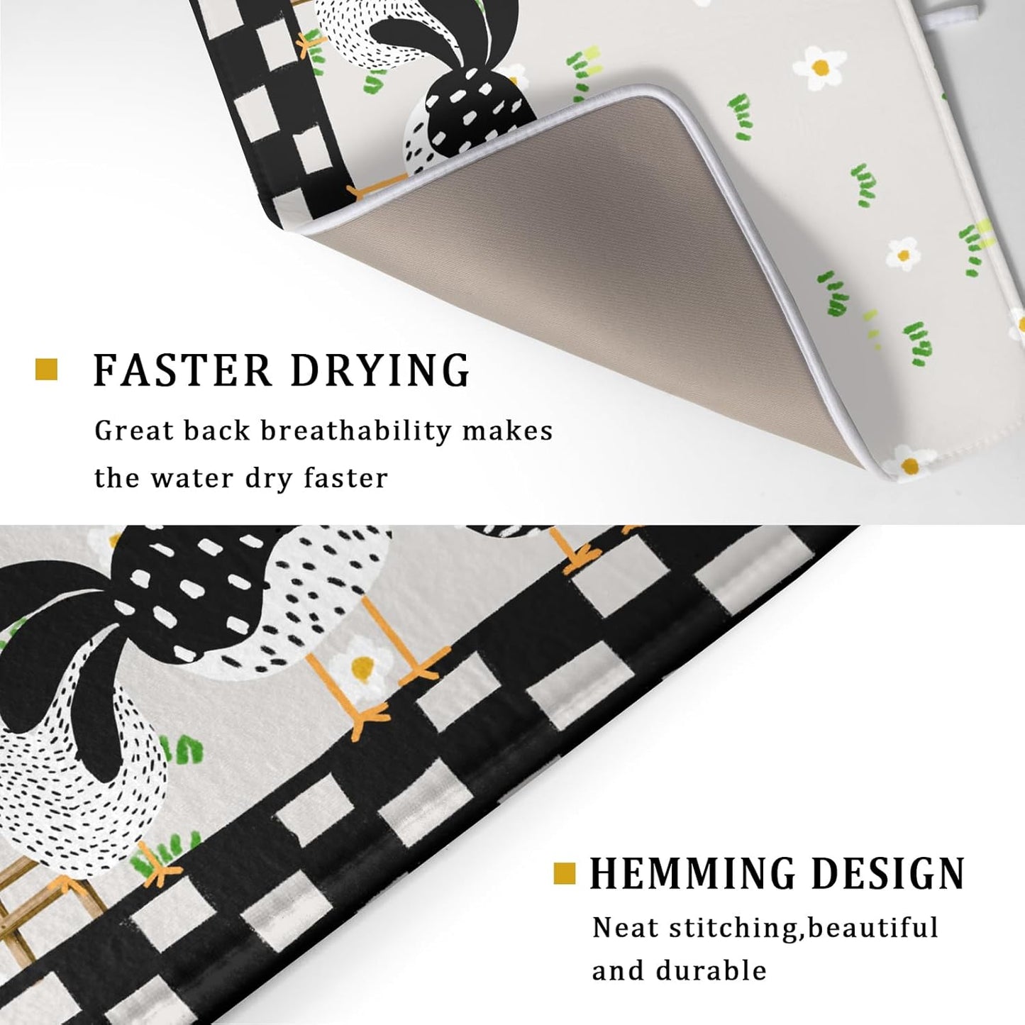 Black Rooster Dish Drying Mat for Countertop 18x24 Inches Buffalo Plaid Microfiber Drainer Rack Pads Fast Dry Dishes Mats Kitchen Accessories