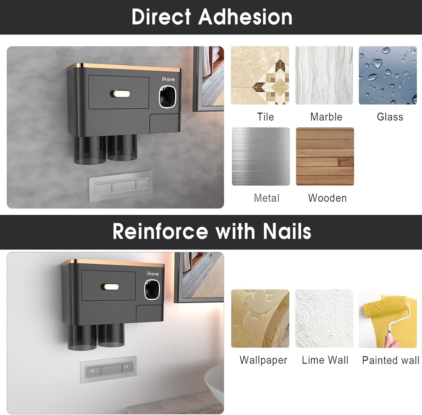 iHave Toothbrush Holders for Bathrooms - Upgrade Wall Mounted Toothbrush Holder with Toothpaste Dispenser - 2 Cups, Large Capacity Tray, Cosmetic Drawer - Bathroom Decor & Bathroom Accessories