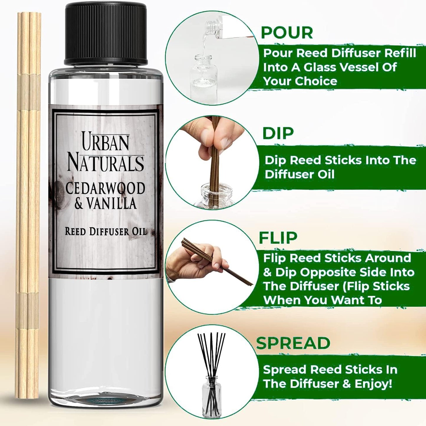 Urban Naturals Reed Diffuser Oil Refill, Cedarwood Vanilla Fragrance Oil with Oak, Cedar, Vanilla, 4 oz + Free Reed Sticks, Made in The USA