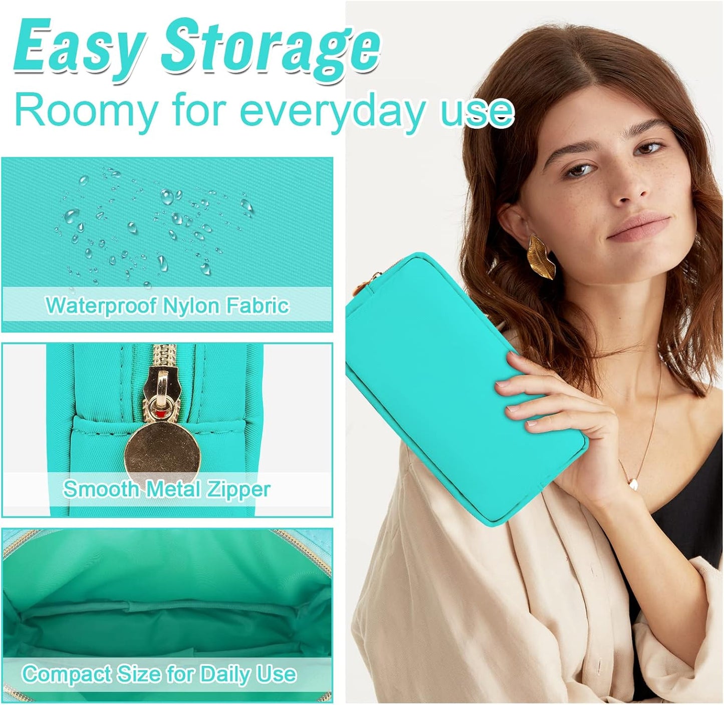 Nylon Small Makeup Bag for Purse, Cute Preppy Makeup Bag Cosmetic Zipper Pouch Purse, Waterproof Portable Travel Toiletry Bag Coin Pouch Clutch Makeup Brush Bag Organizer Storage for Women Girls(Mint)