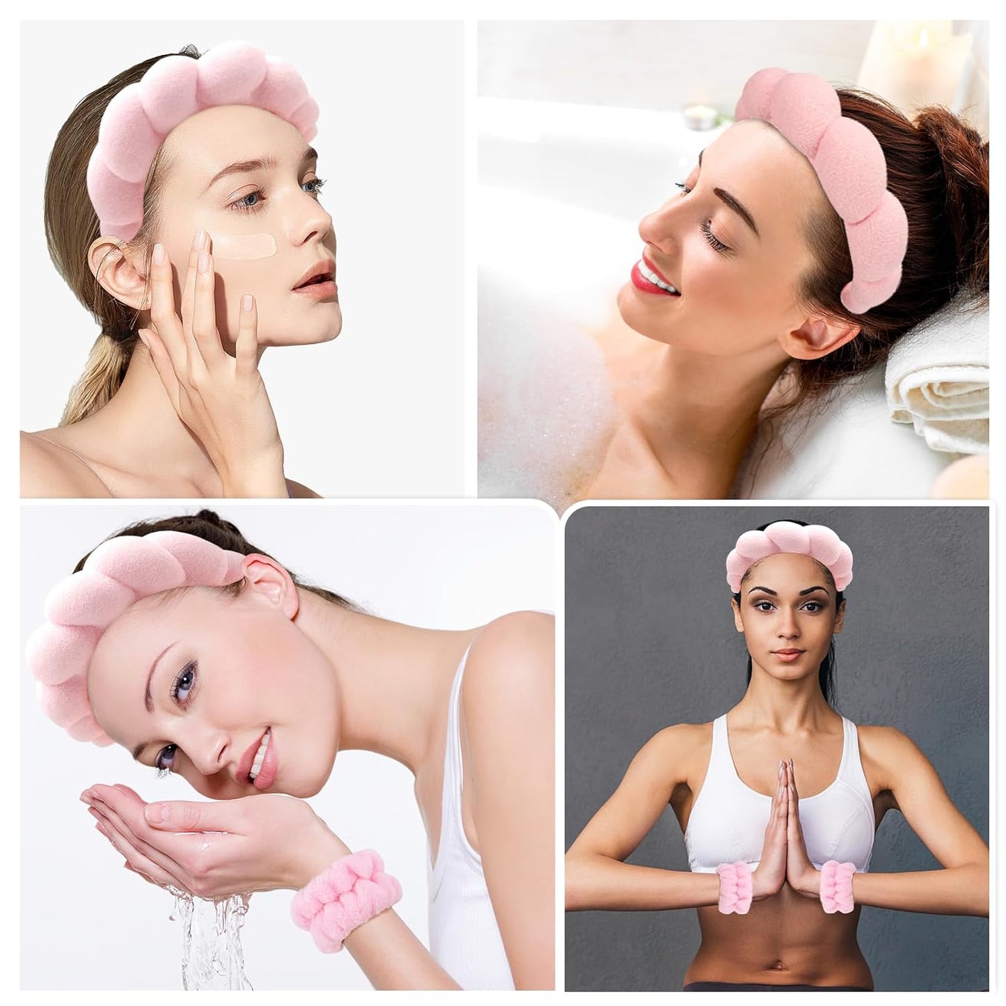 Zkptops Spa Headband for Washing Face Wristband Sponge Makeup Skincare Headband Terry Cloth Bubble Soft Get Ready Hairband for Women Girl Puffy Padded Headwear Non Slip Thick Hair Accessory(Pink)