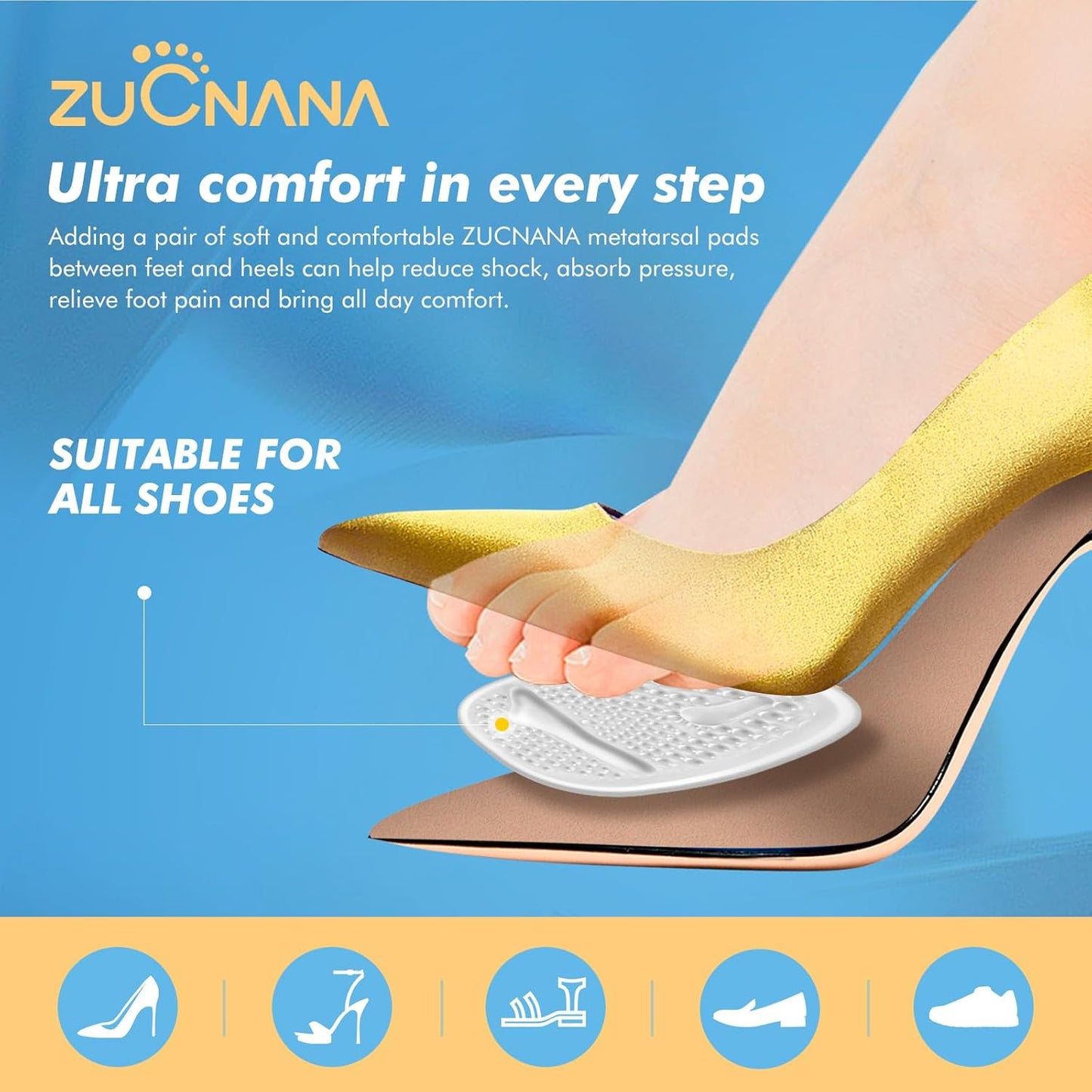 Metatarsal Pads for Women - Soft Gel High Heel Insoles, 4 Pairs, Non-Slip Design, Instant Foot Pain Relief, Self-Sticking Back, Fits All Feet Sizes