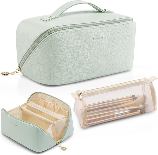 Vlando Makeup Bag,Large Capacity Toiletry Bag for Women Waterproof Portable Make up Pouch PU Leather Open Flat Cosmetic Bag(Mint Green)