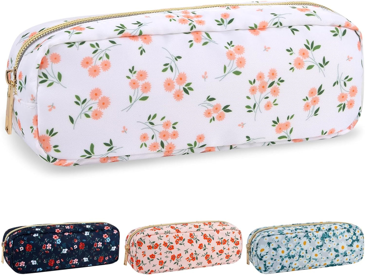 izuzta Nylon Small Floral Makeup Bag Slim Pouch, Preppy Cute Makeup Brush Case Bag Cosmetic Zipper Pouch Purse, Waterproof Travel Toiletry Bag Coin Pouch Make Up Organizer Women Girls(White-Floral)