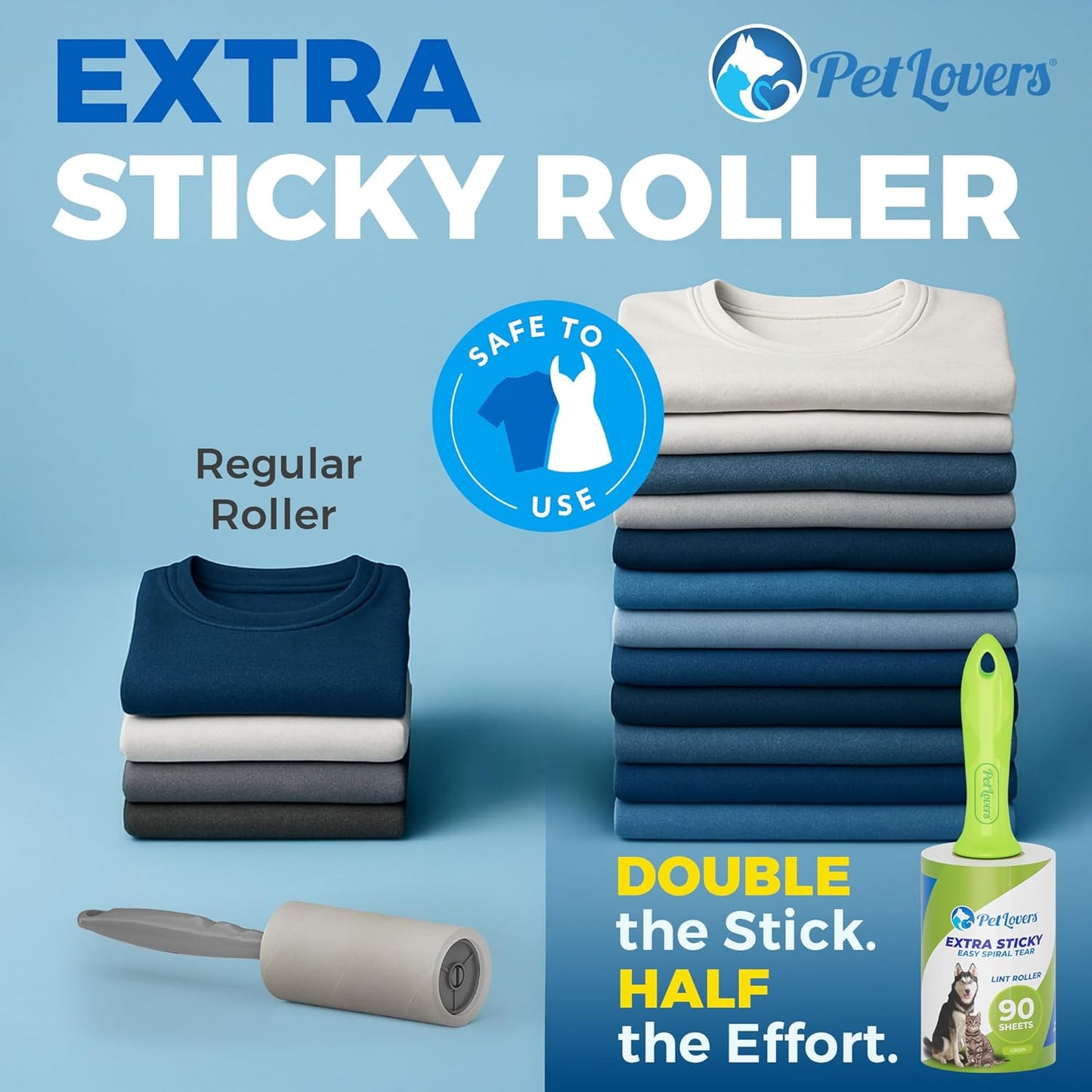PetLovers Extra Sticky Lint Roller Mega Value Set 450 Sheets for Pet Hair Removal and Clothes, Dog and Cat Lint Remover 5 Pack Green