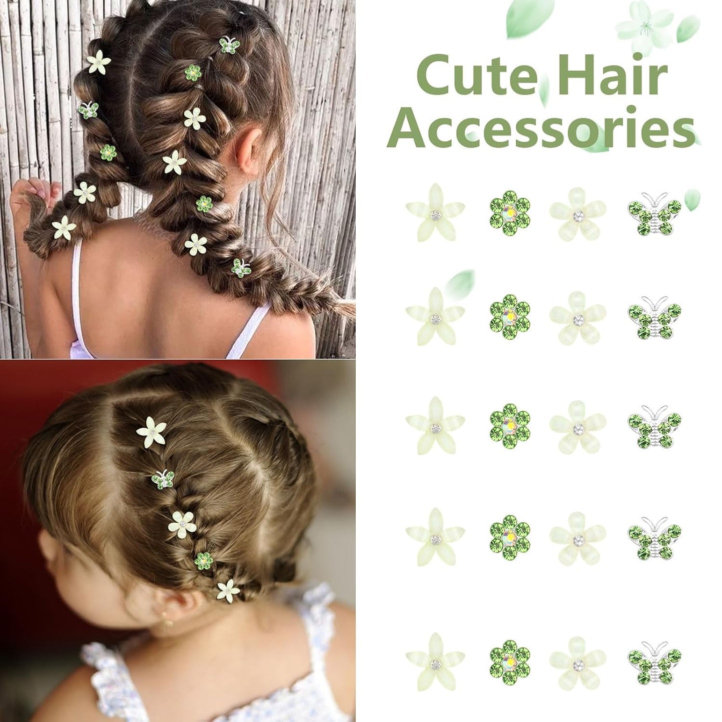 YISSION 20 Pcs Mini Flower Hair Clips Rhinestone Butterfly Hair Pins Small Decorative Hair Clips Wedding Hair Barrettes Green Hair Clips Bridal Flower Girl Hair Accessories for Girls Women