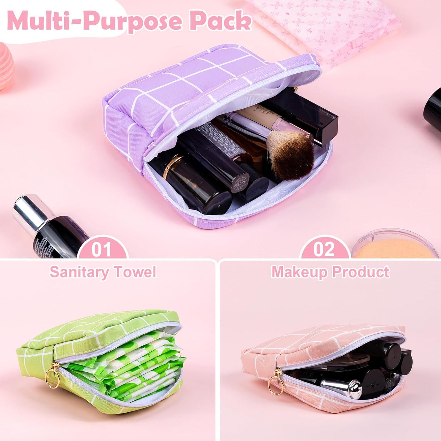 Desing Wish Period Bag Pouch Soft Cloth Sanitary Napkin Storage Bag Portable Menstrual Pad Pouches Tampon Holder for Purse First Period Kit for Girls 9-12 (Pink Plaid)