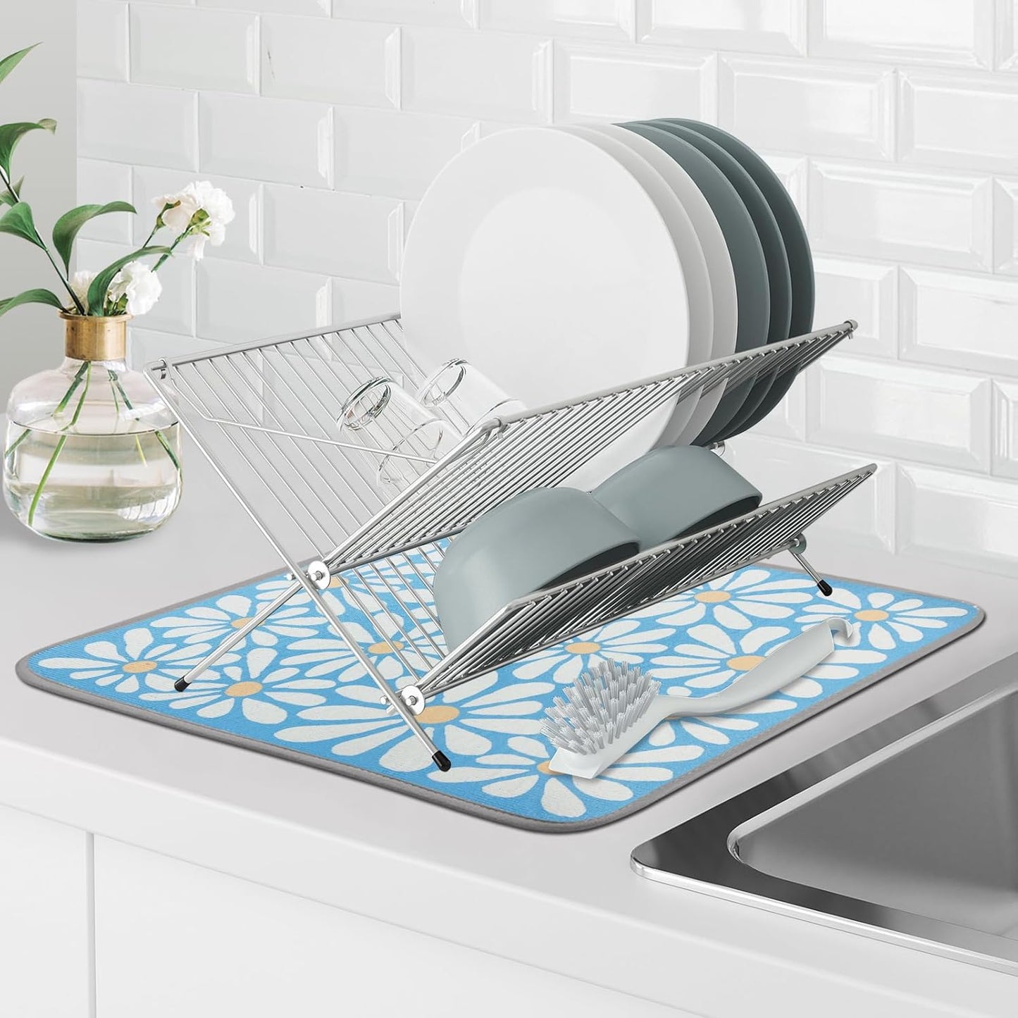 SHIYUE Dish Drying Mat for Kitchen Counter Super Absorbent Spring Kitchen Decor Microfiber Drying Matainers Rack Fast Pad Dish Drainer Mats(Sky Blue Flower,16''x18'')