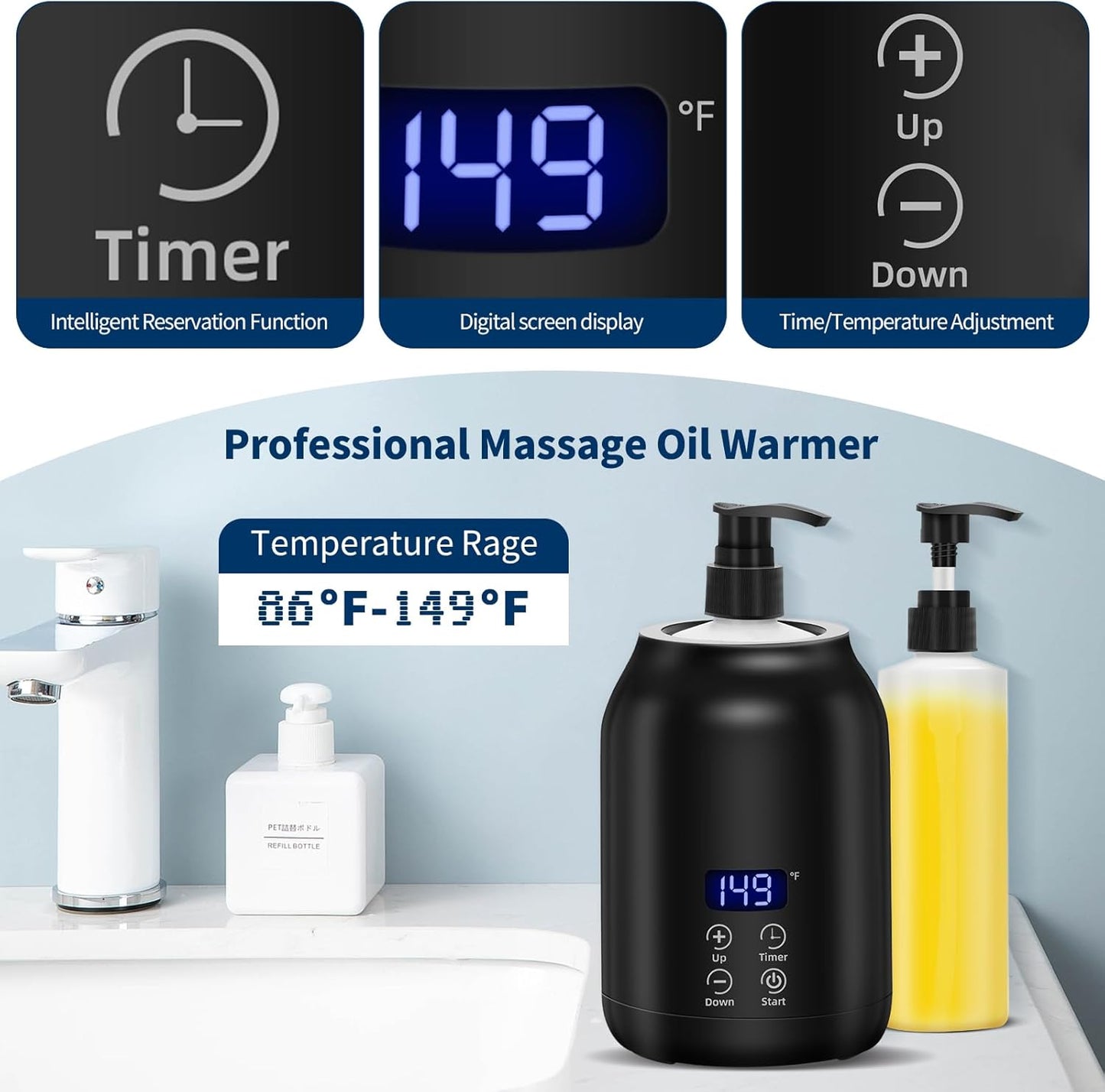 Massage Oil Warmer, Yofuly Electric Massage Oil Digital Heater with Two Oil Bottles, Portable Body Lotion Warmer Cream Heated Dispenser for SPA, Salon and Home Use, Black