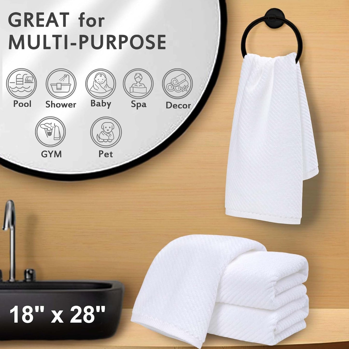 VOOVA & MOVAS White Hand Towels - 100% Cotton | Lightweight | Thick | Quick Dry | Soft | Absorbent, 4 Pack Large 18" x 28", Bath Hand Towels for Bathroom, Luxury Towel Gift Set