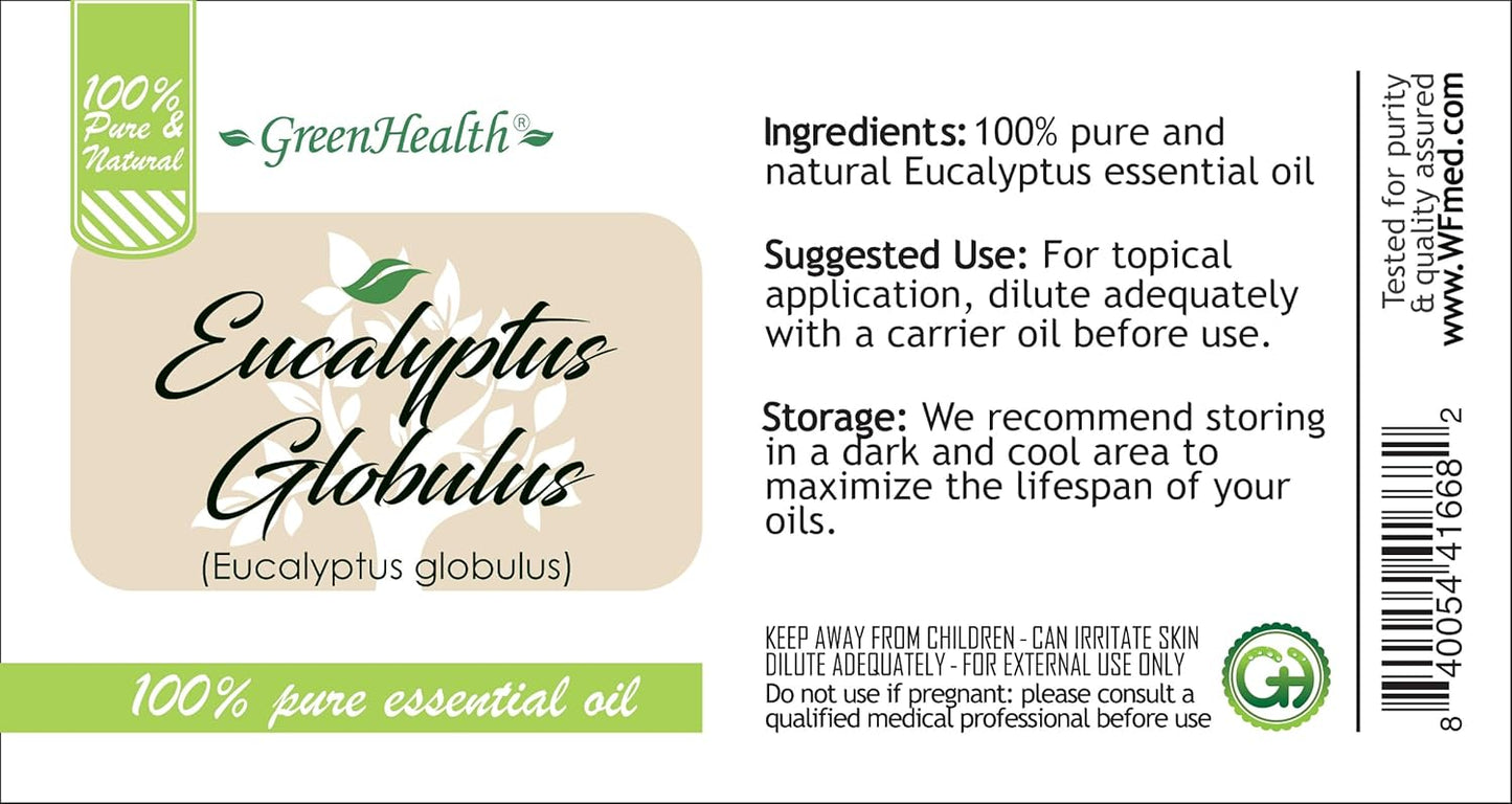 2 Bottles – GreenHealth Eucalyptus Essential Oil – 16 fl oz Each (32 fl oz Total) – 100% Pure & Uncut – Bulk Aromatherapy Oil in Aluminum Bottles – for Diffuser, Cleaning, DIY, Home Fragrance