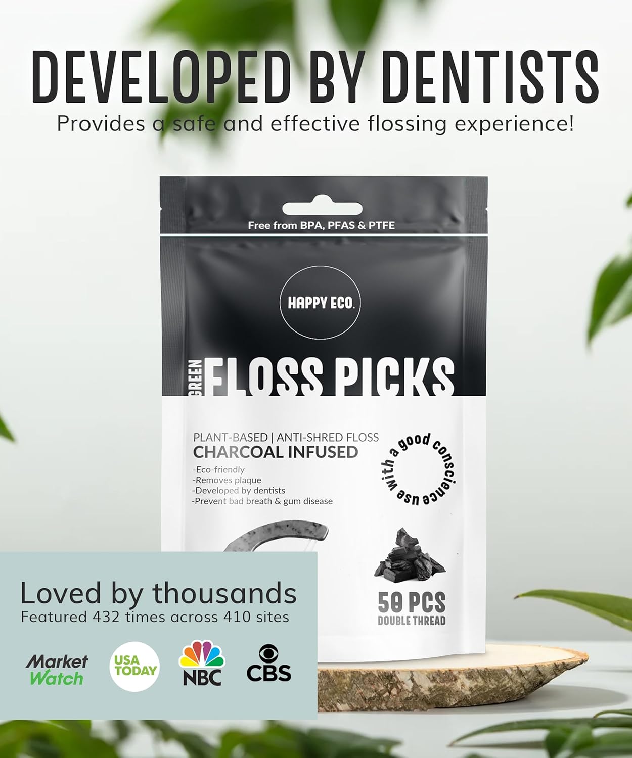 Floss Picks Biodegradable (200pcs) - Plant Based Dental Floss Picks, Natural Flossers for Adults & Kids, Nontoxic Vegan Tooth Pick Flossers & Floss Sticks - Double Thread Charcoal