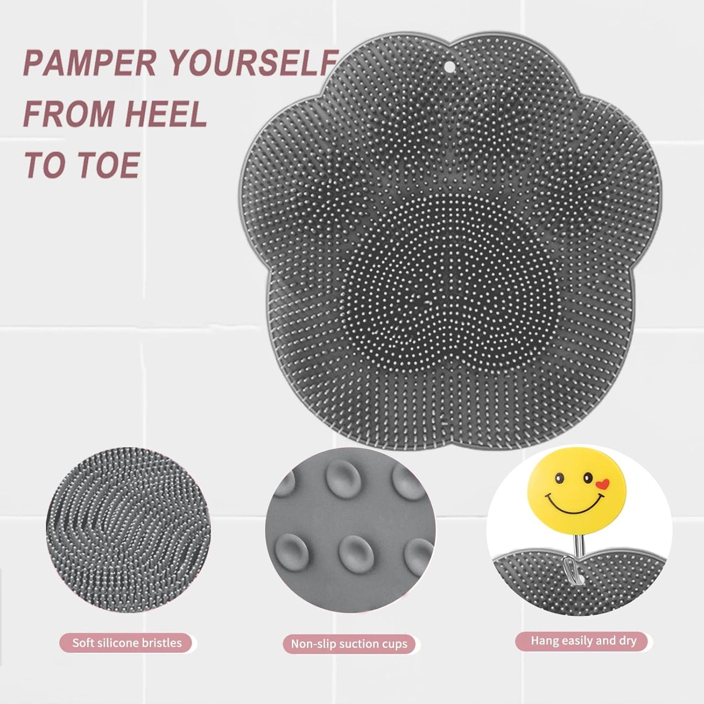 Foot Scrubber in Shower,Shower Foot Scrubber Mat,Silicone Body Scrubber with Suction Cups,Bath Feet Scrub Mat with Storage Hook(Gray)