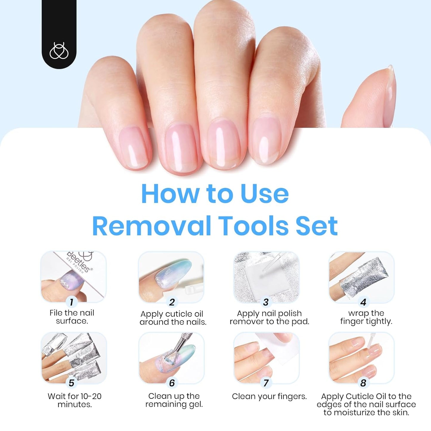beetles Nail Remover Kit - 200Pcs Nail Soak Off Foil Wraps Gel Nail Polish Remover Tools Larger and Thicker Pre-attached Cotton Pad with Droppers, Easy Manicure Removal for Women Girls