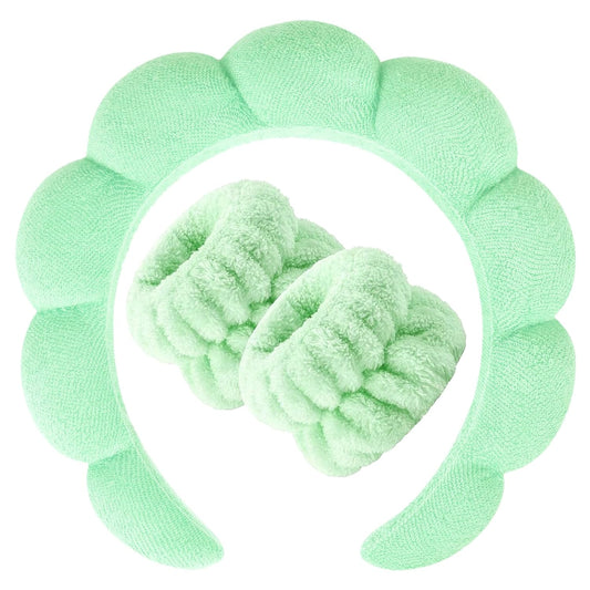 Zkptops Spa Headband for Washing Face Wristband Set Sponge Makeup Skincare Terry Cloth Bubble Soft Get Ready Hairband for Women Girl Puffy Padded Headwear Non Slip Thick Hair Accessory(Light Green)