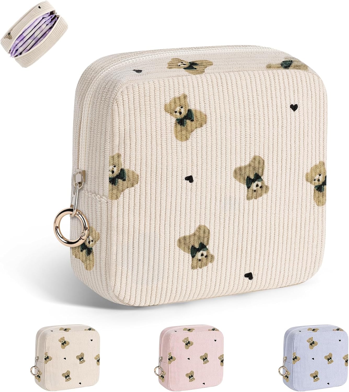 Cute Period Bag for Teen Girls, Bears Corduroy Sanitary Napkin Storage Bag, Menstrual Pad Pouch Tampon Holder for Purse (Khaki)