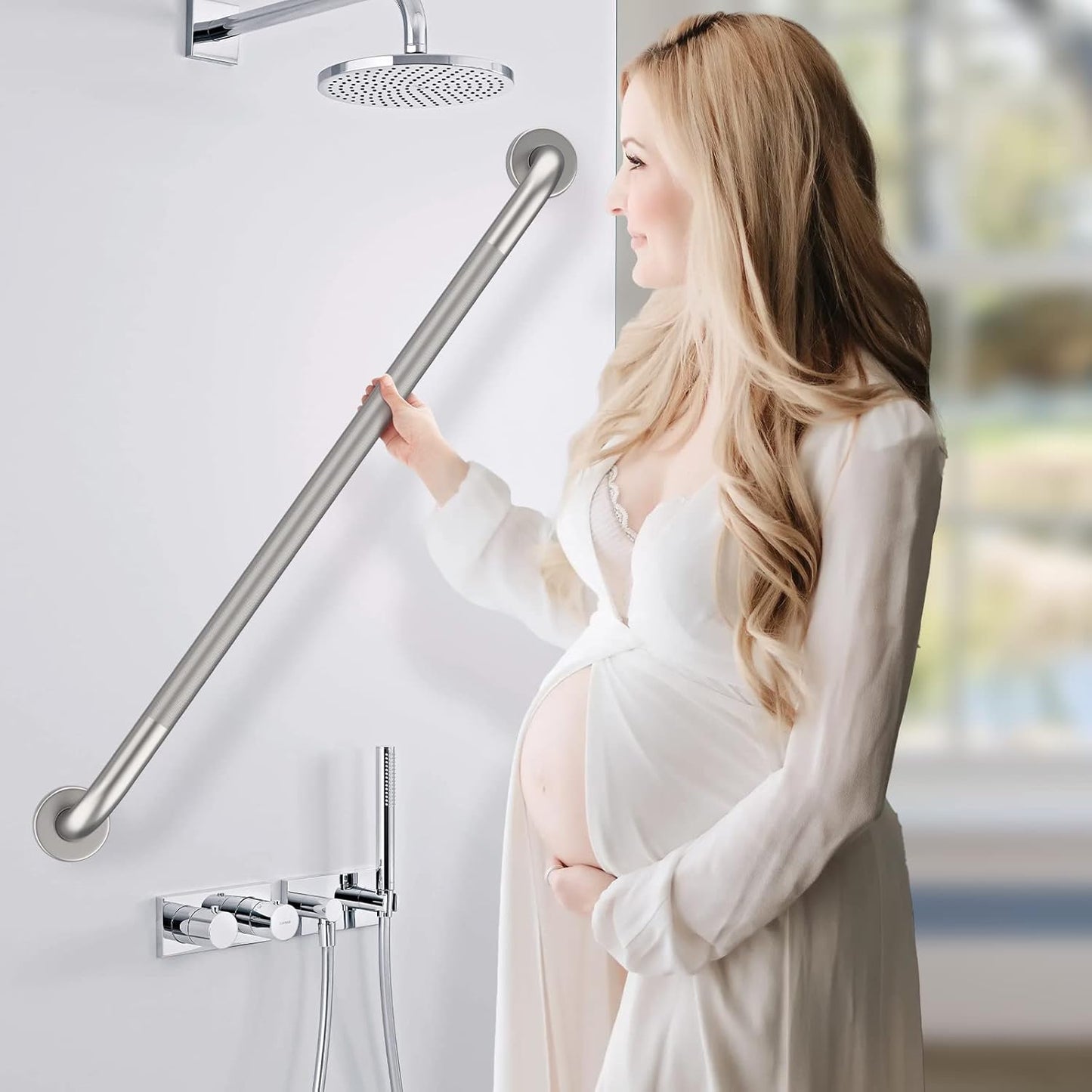Brushed Nickel Shower Grab Bar w/Anti-Slip Knurled Grip 36 Inch, Zepolu Stainless Steel Bathroom Grab Bars, Safety Bar Balanced Handrail, Handicap Injury Elderly Senior Assist Support Shower Handle